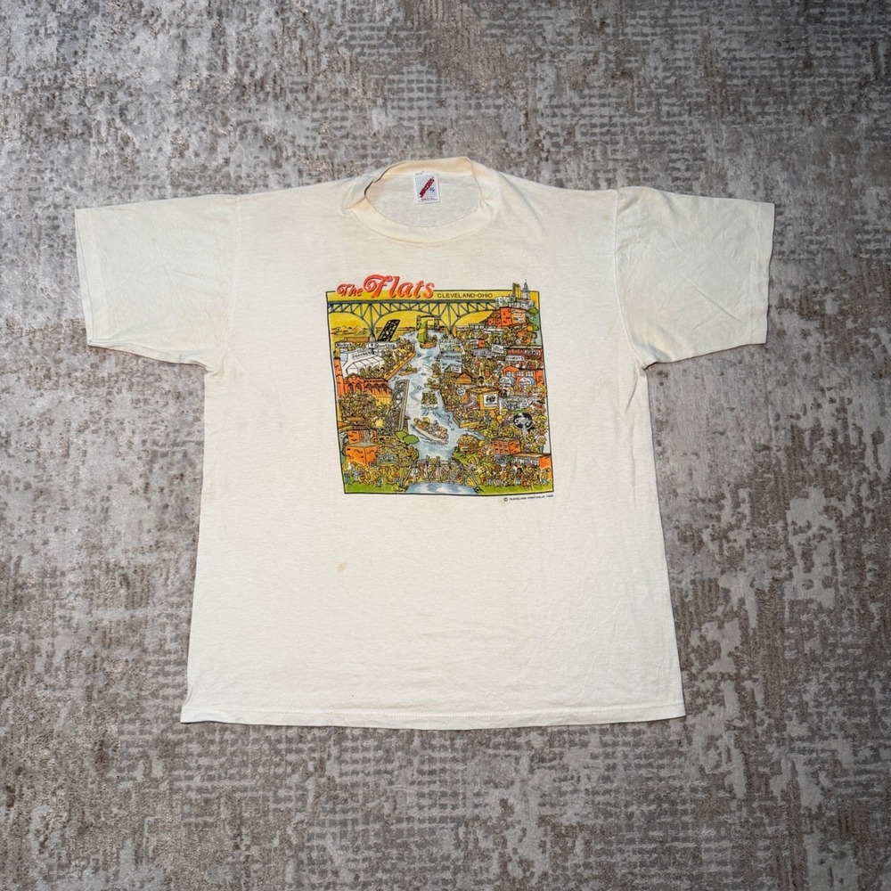 Vintage 1988 Jerzees The Flats Cleveland Ohio USA Made Graphic Print T-Shirt
